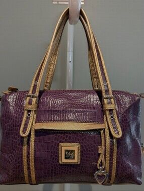 SHARIF Purple Faux-Croc Satchel with Gold Trim -